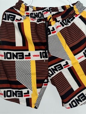 Fendi Men's Multi-Color Graphic Swim Shorts — Brown, Yellow, Black, White